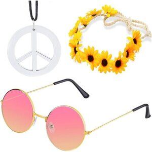 Women Hippie Costume Set - 60's 70s Style Retro Vintage Glasses Peace Sign